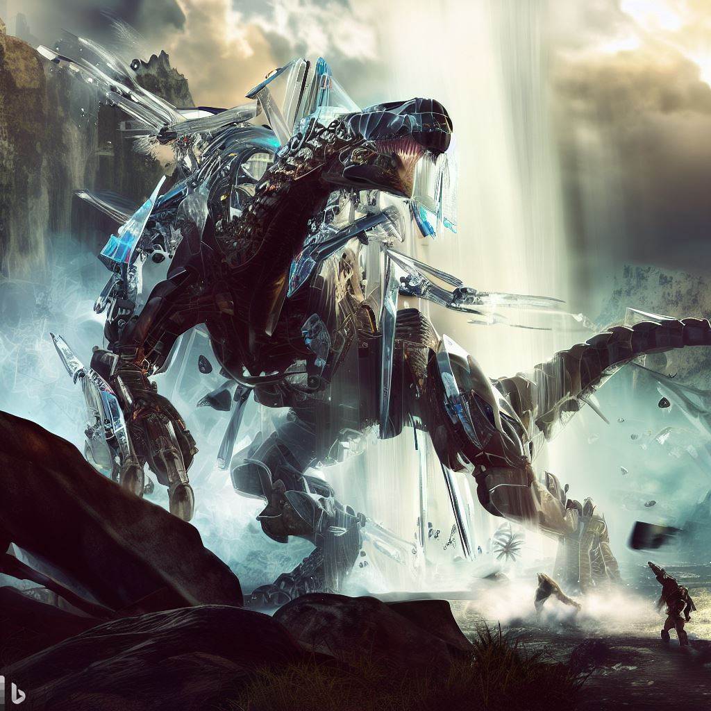 futuristic dinosaur mech with shattered glass body being hunted while fighting, waterfall in background, detailed smoke and clouds, lens flare, realistic, h.r. giger style 4.jpg